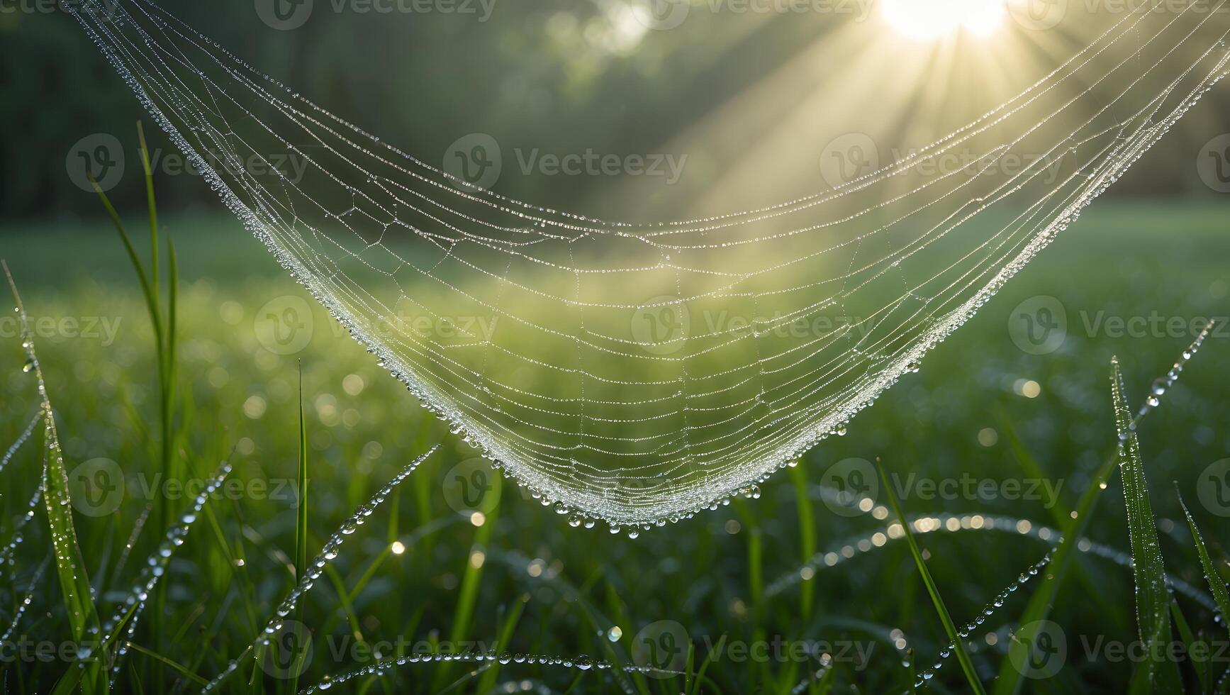Spiderweb Covered in Dew Drops Shines in Morning Sunlight on Meadow photo