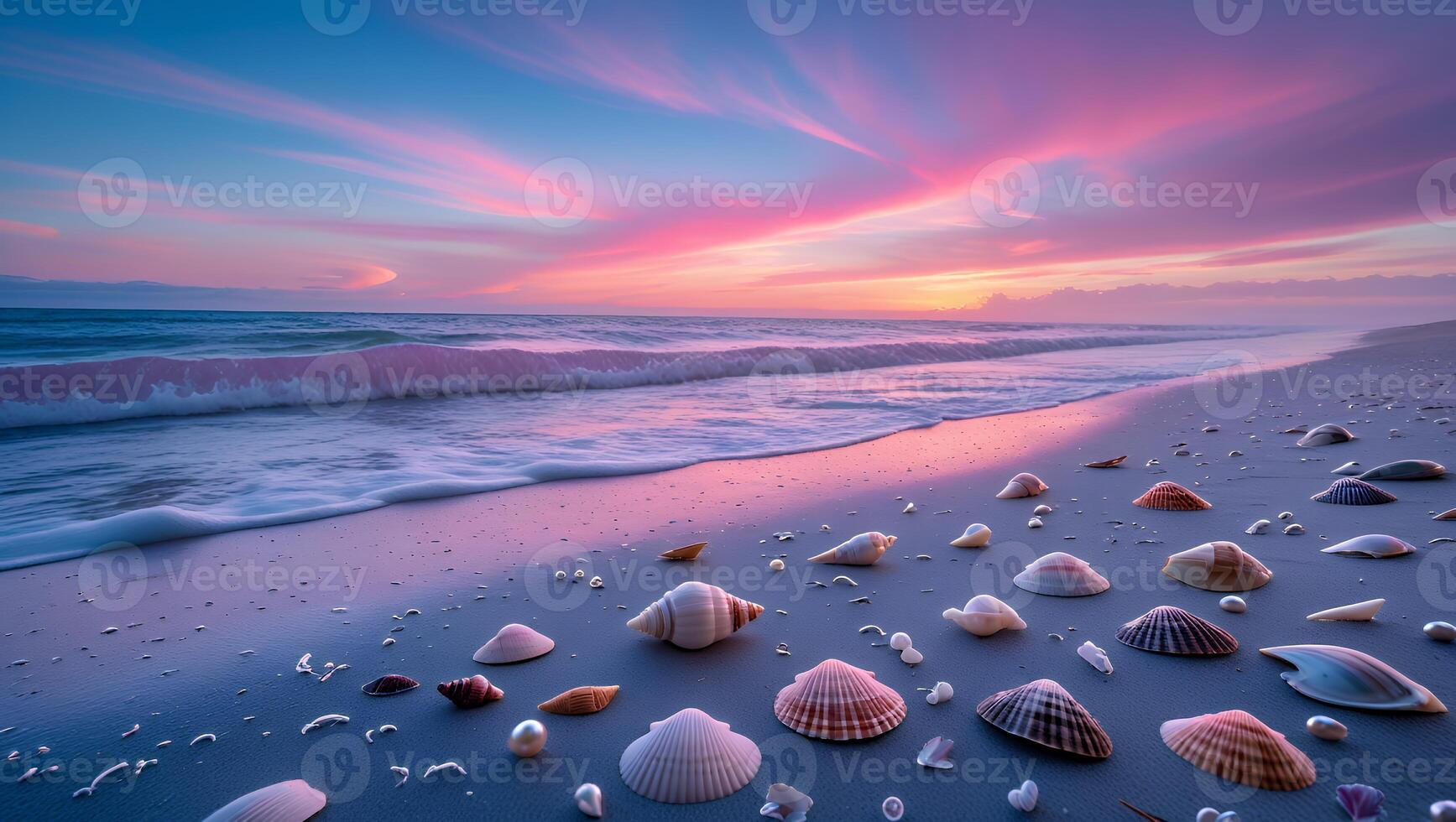 Seashells on Beach at Sunset with Soft Waves and Pink Sky photo