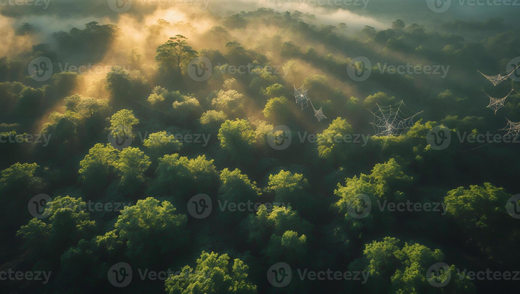 Aerial View of Foggy Forest with Sunlight Streaming Through the Trees photo