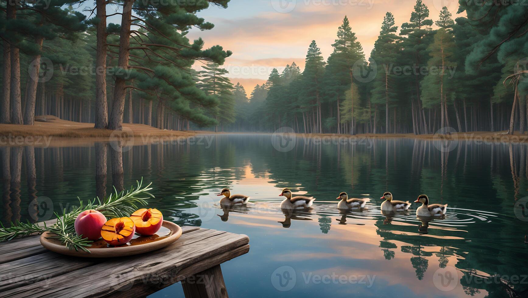 Ducks Swimming on a Calm Lake Near Dock with Peaches photo