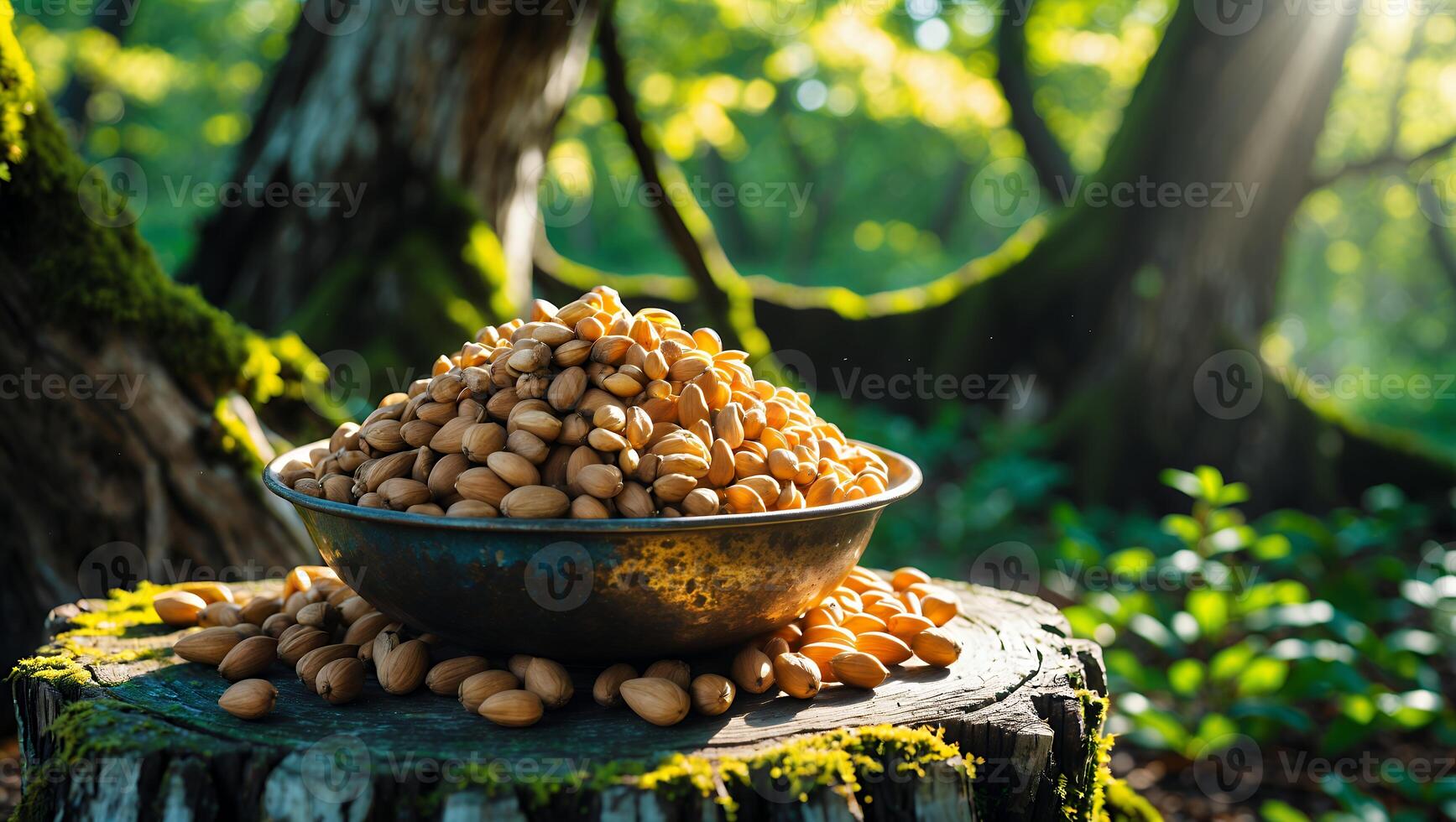 Bowl of Almonds on a Tree Stump in a Forest Setting photo