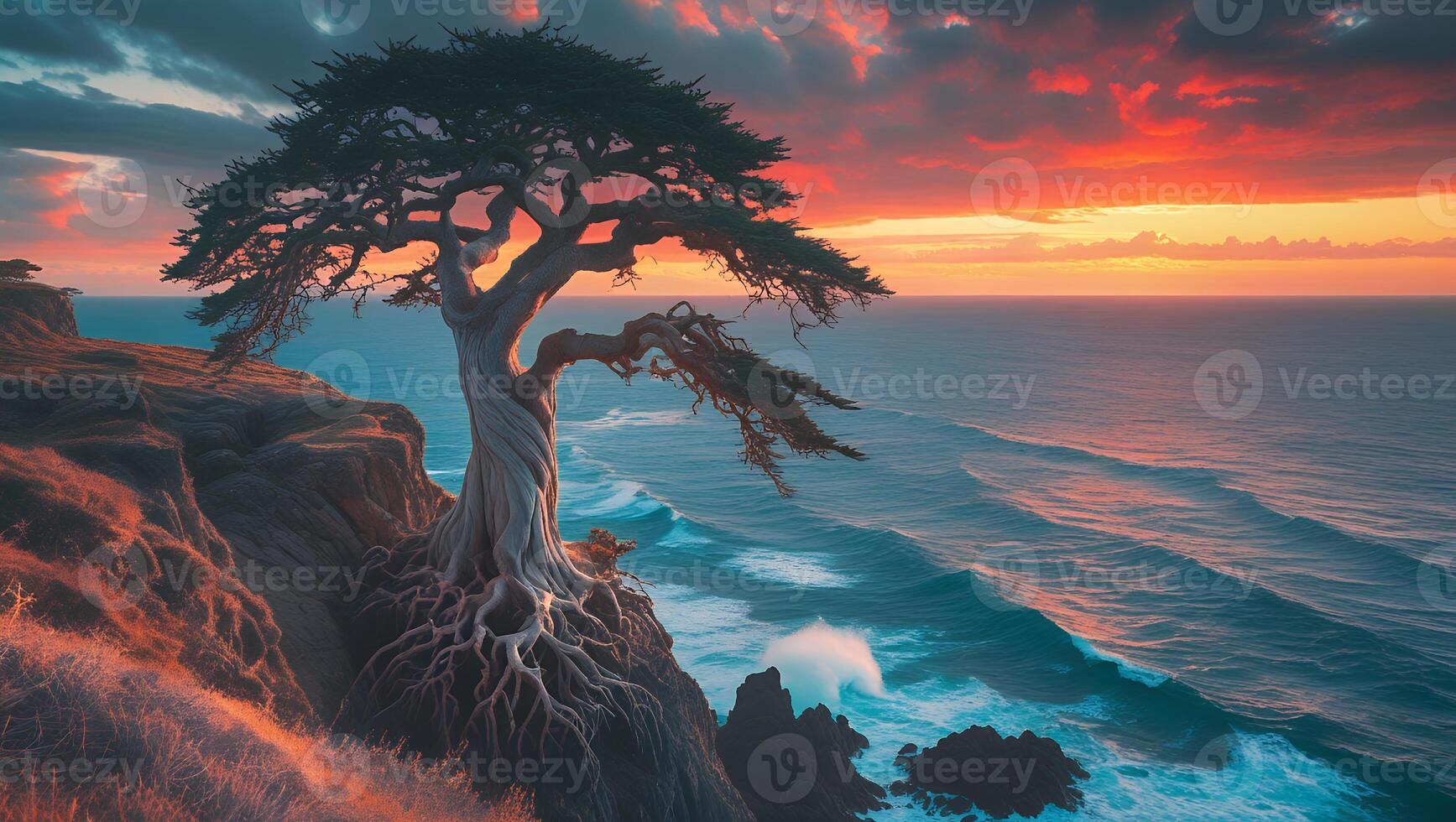 Seascape View of Lonely Tree on Cliff at Colorful Sunset photo