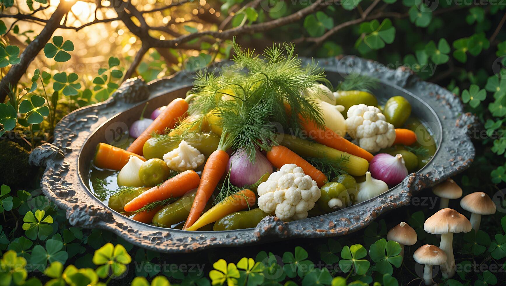 Assorted Pickled Vegetables Displayed on an Ornate Silver Tray Outdoors photo
