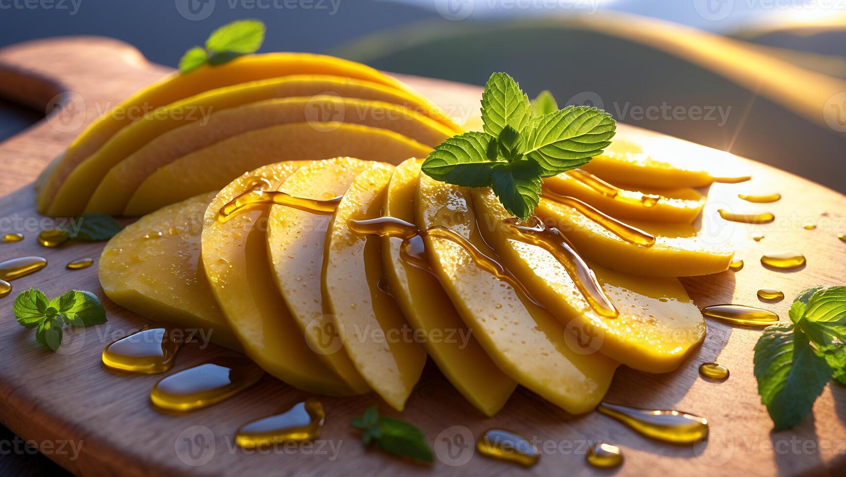 Sliced Mango with Honey and Mint on a Wooden Cutting Board photo
