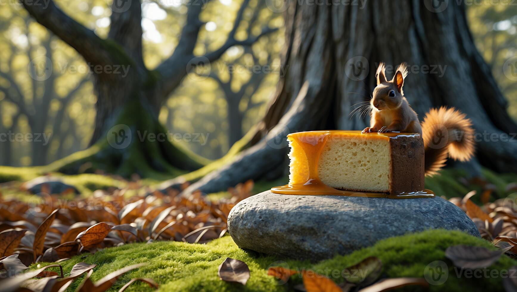 Squirrel Reaching for Slice of Cake Topped with Caramel in Forest photo