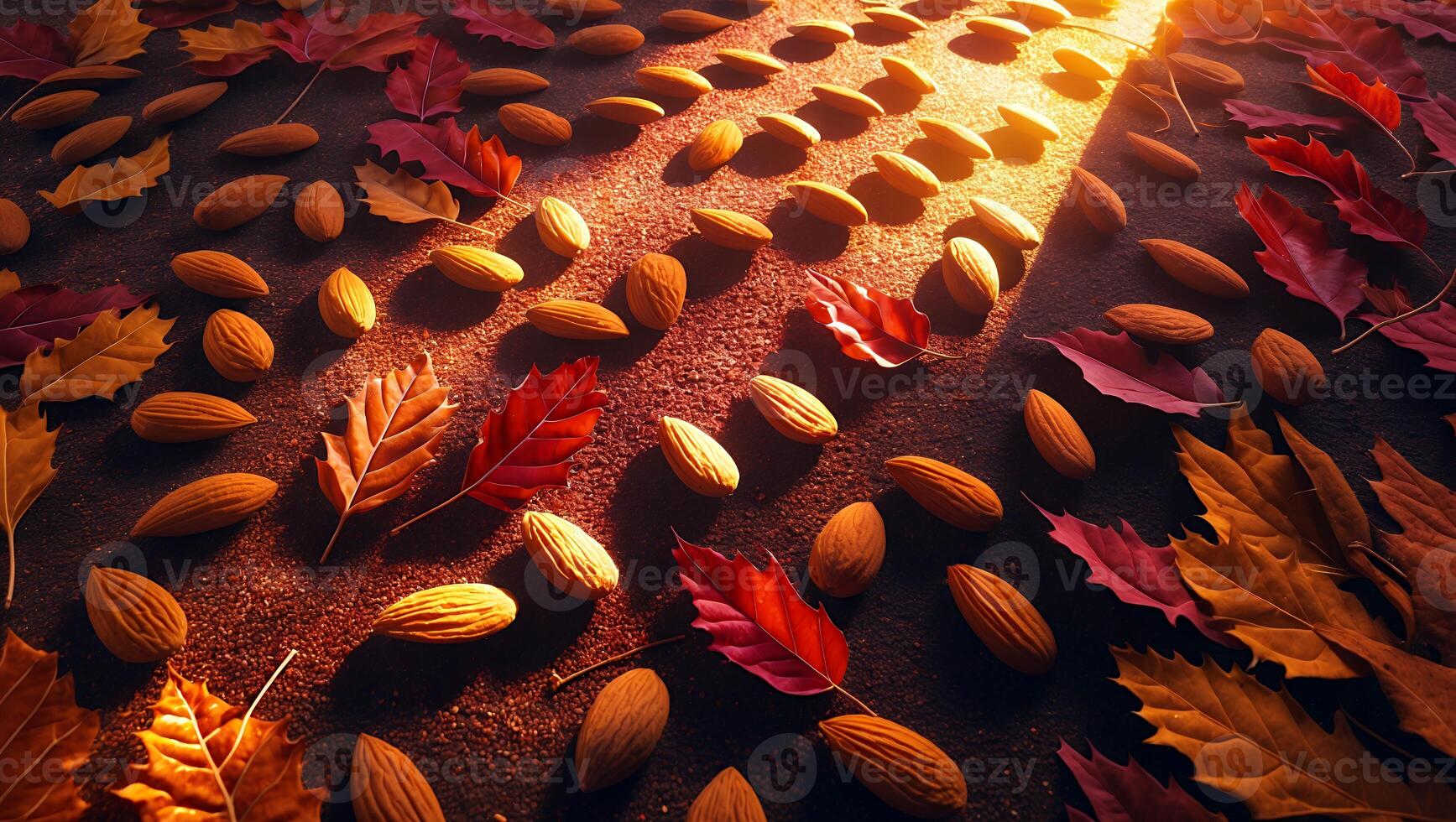 Almonds and Autumn Leaves Scattered with Sunlit Path, Natural Texture photo