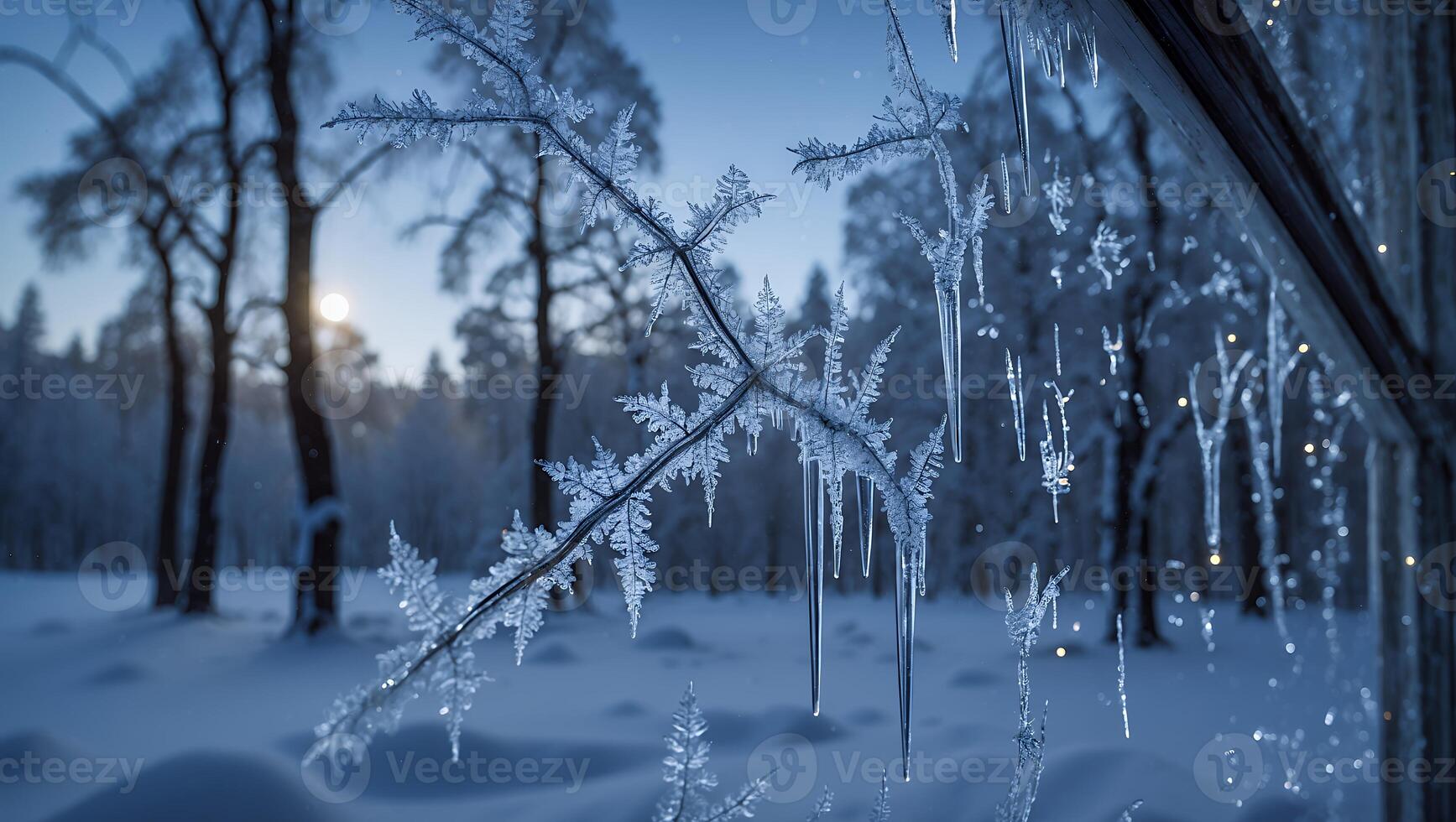 Ice Crystals Hanging in Snowy Winter Landscape with Trees Background photo