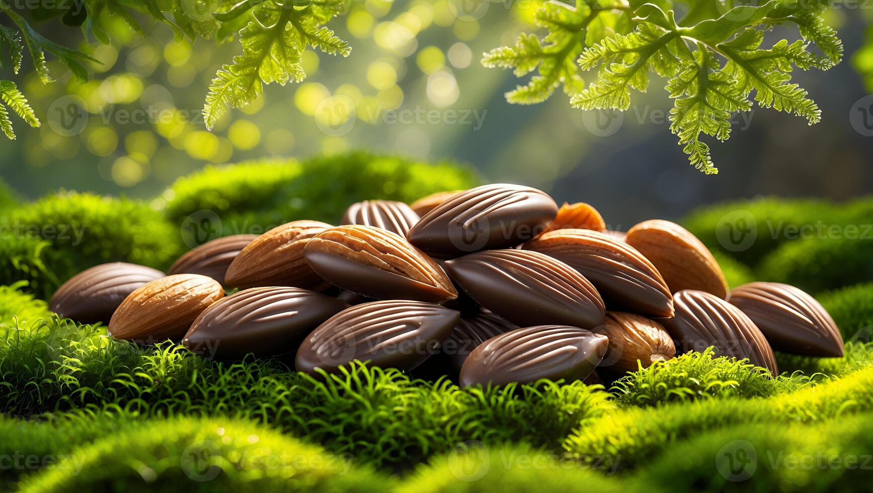 Almonds Covered with Chocolate Placed on Moss and Foliage photo