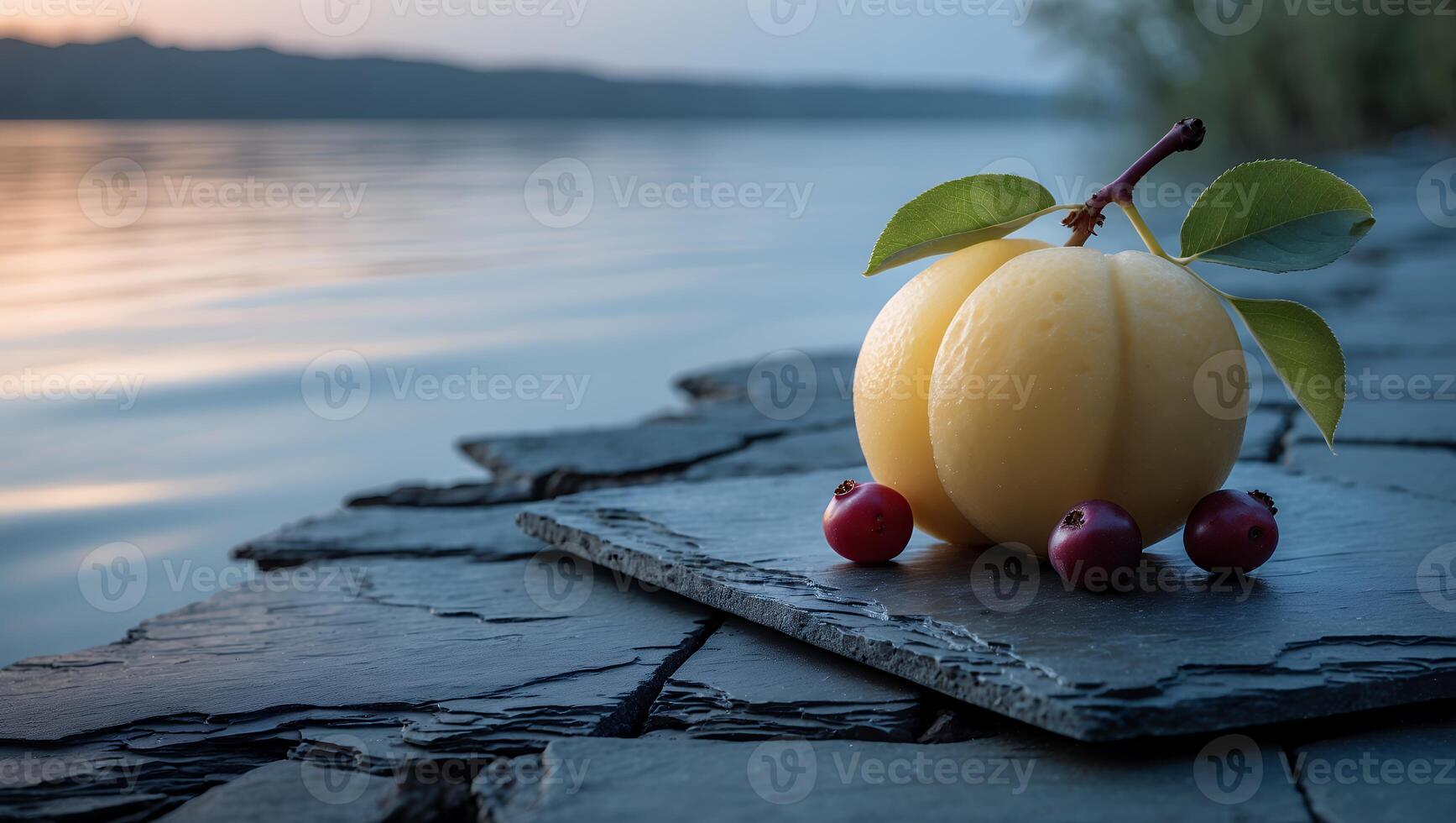 Fruit Still Life with Lake Background at Evening for Nature Theme photo