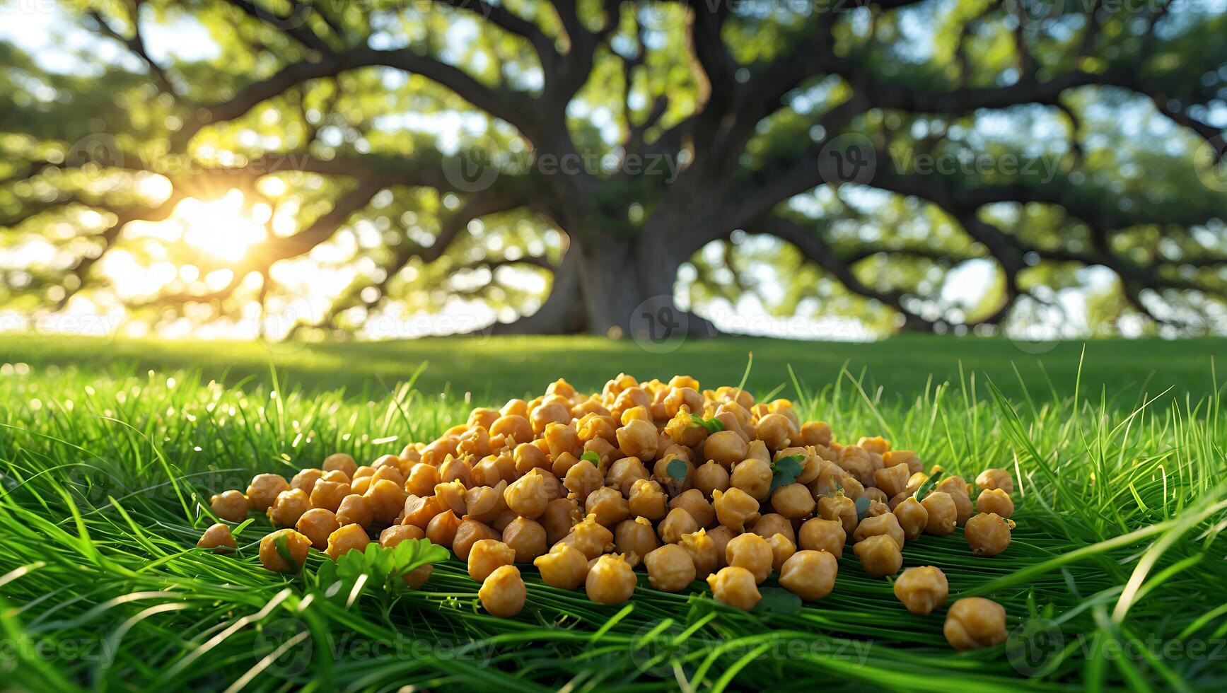 Pile of Roasted Chickpeas on Green Grass with Tree Background photo