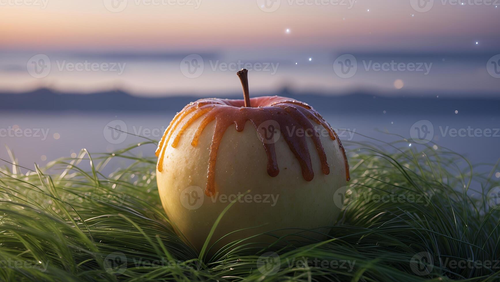 Apple with Caramel Drizzle Resting in Grass at Dusk Near Water photo