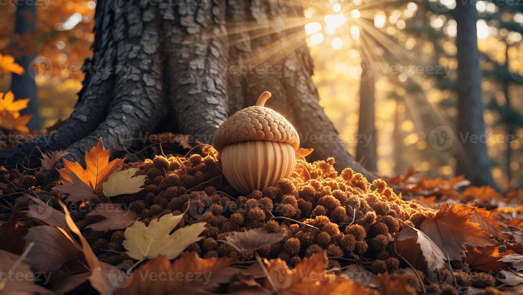 Acorn Stands Tall Under Tree Bathed in Autumn Sunlight photo