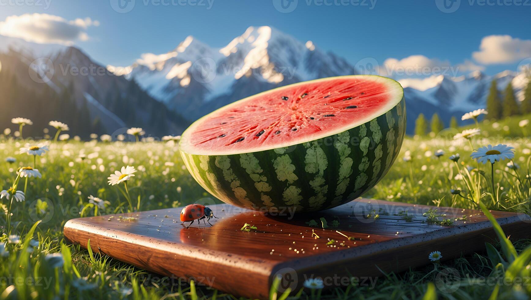 Watermelon on Cutting Board with Ladybug and Mountain Backdrop photo