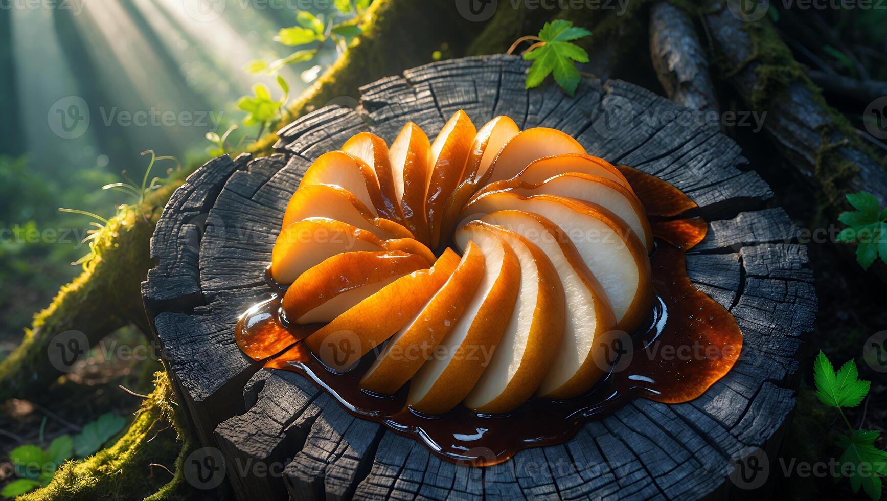 Pear Slices with Caramel Arranged on Wooden Stump in Forest photo