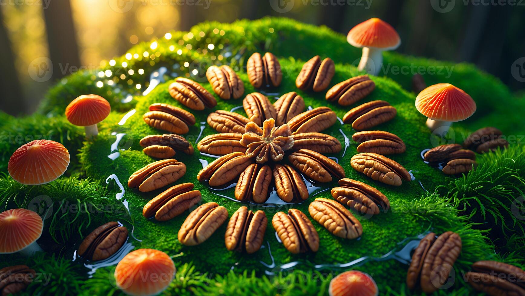 Pecan Pattern Arranged with Moss and Mushrooms in Natural Light photo