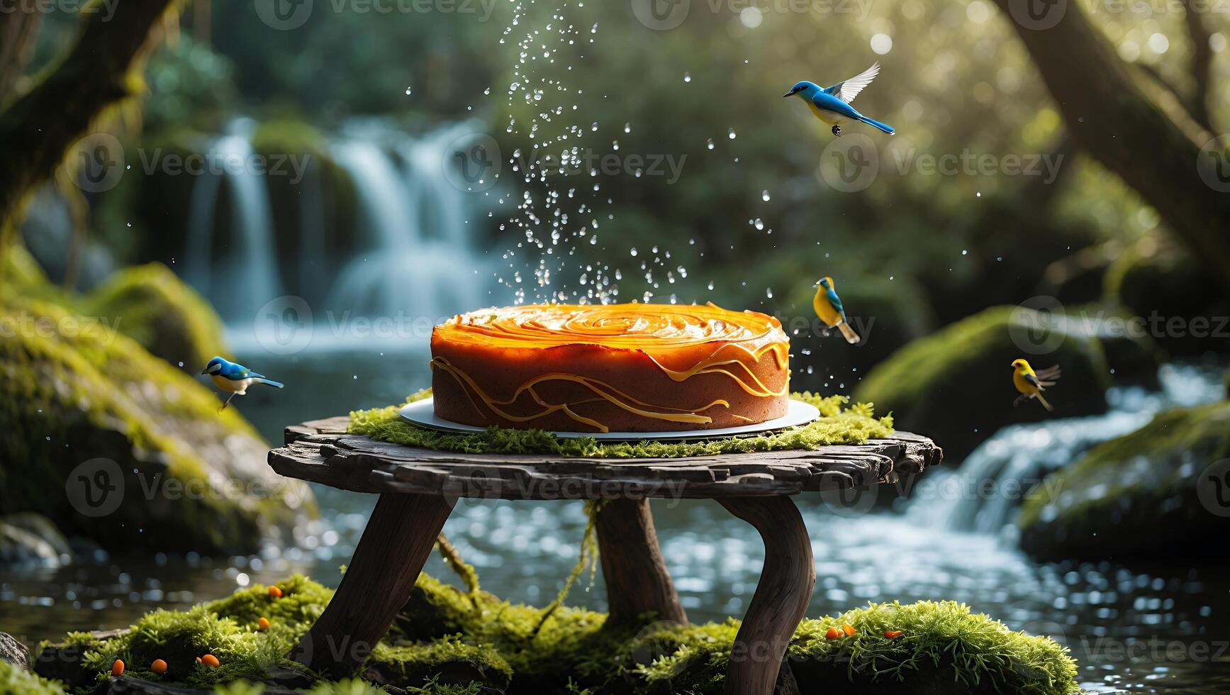 Cake on Table by Waterfall with Flying Birds and Sprinkling Sugar photo