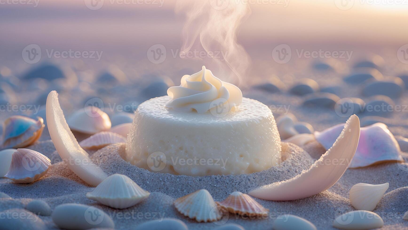 Steaming Dessert Surrounded by Seashells on a Sandy Beach photo