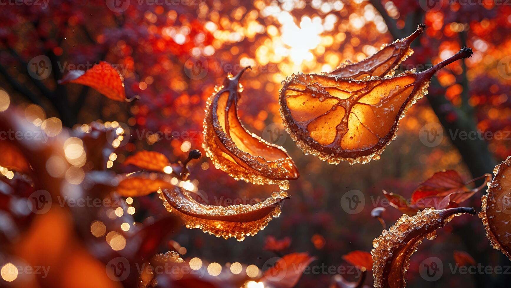 Sunlit Autumn Leaves Adorned with Water Droplets in a Forest Setting photo