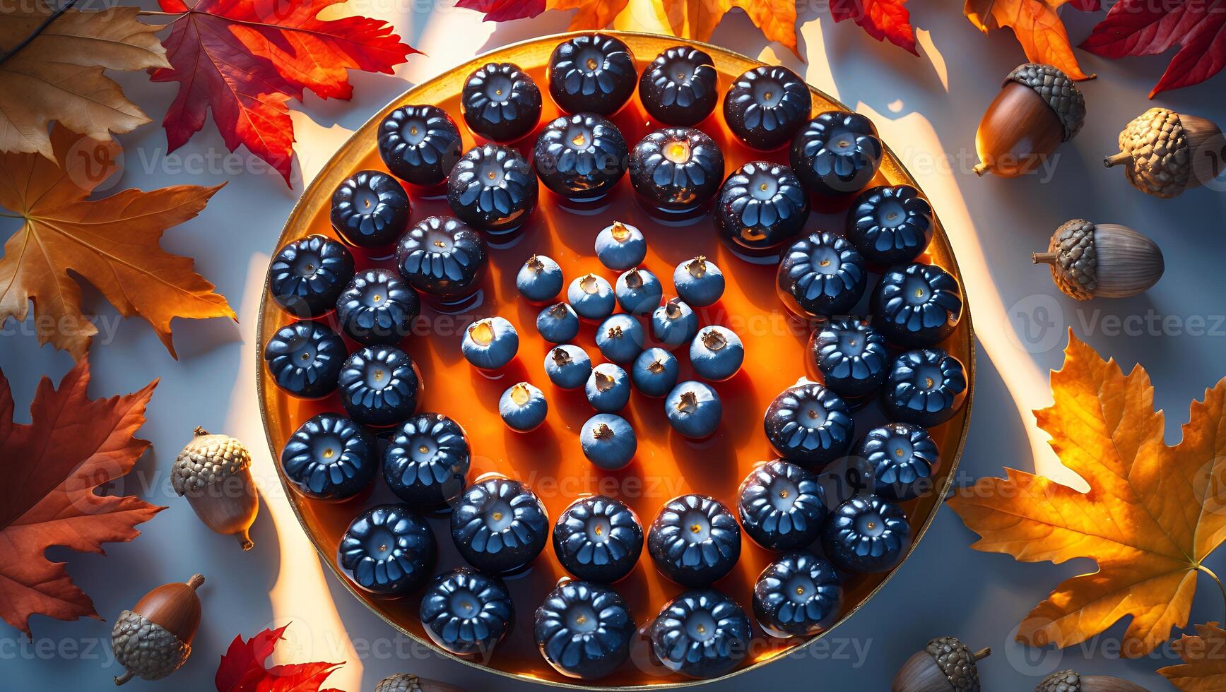 Arrangement of Blueberries and Acorns with Autumn Leaves Decoration photo