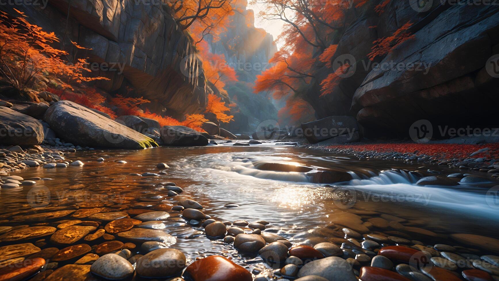 Flowing River Through Autumn Canyon with Orange Trees and Reflections photo