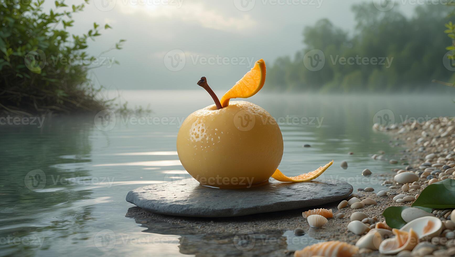 Yellow Apple with Orange Slice on Stone in Misty Lake photo