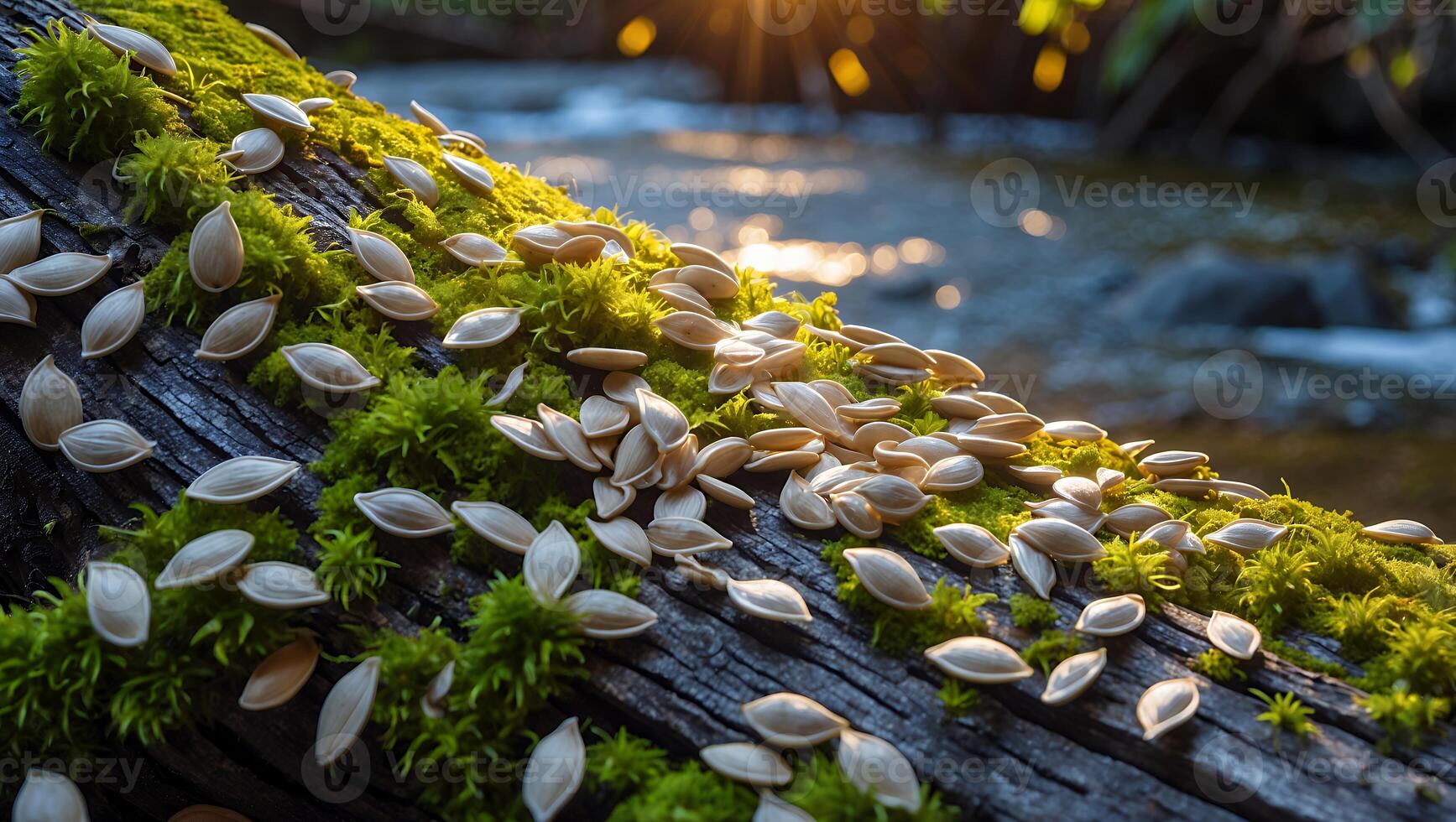 Seeds on Mossy Log by River with Sunlit Reflections photo