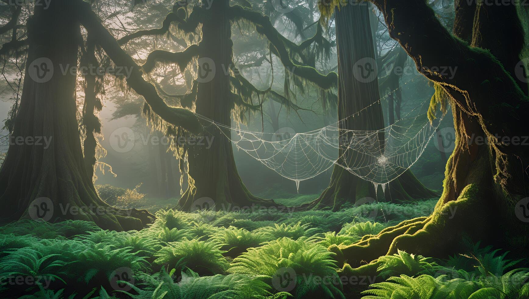 Exploring Misty Forest with Ferns and Spiderweb in Atmospheric Sunlight photo
