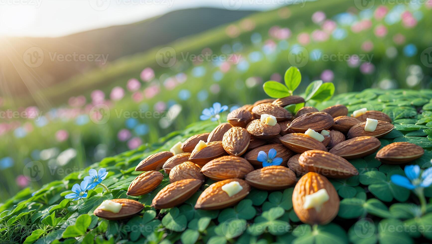Almonds Pile on Clover Field with Flowers in Sunlight photo
