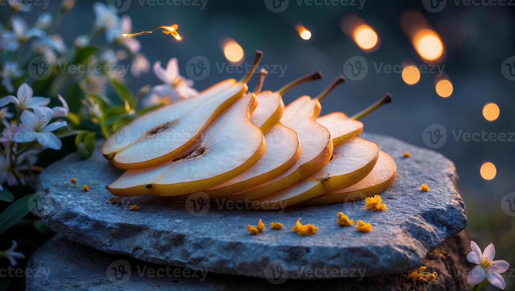 Sliced Pears Arranged on Stone Slab with Floral Background and Lights photo