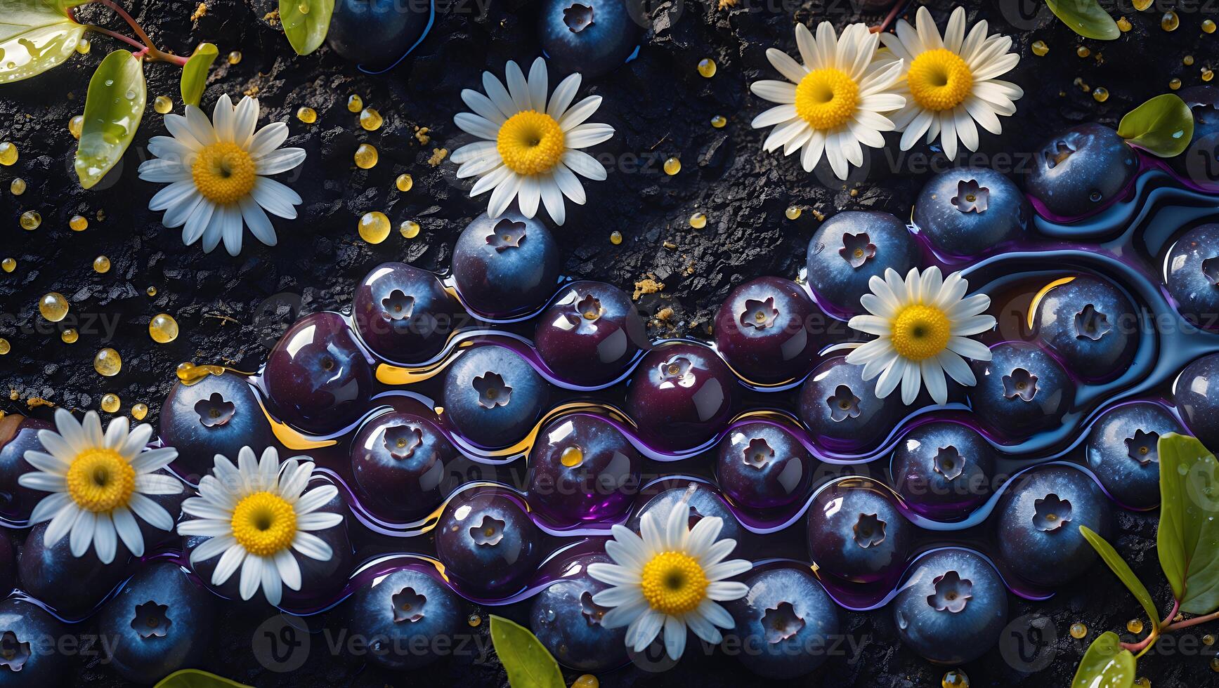 Arrangement of Fresh Blueberries and Daisies on Dark Textured Surface photo
