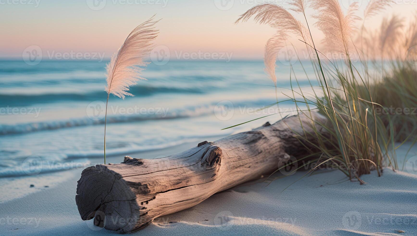 Driftwood on Beach with Grass and Waves at Dusk Serenity photo