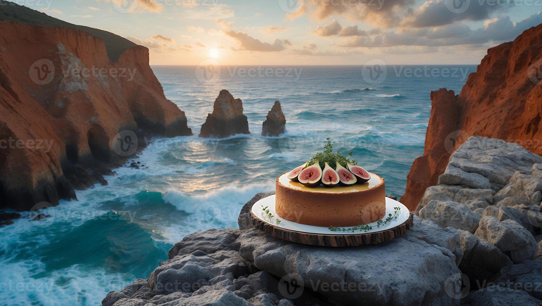 Delicious Fig Cake on Coastal Rocks Overlooking Ocean at Sunset photo