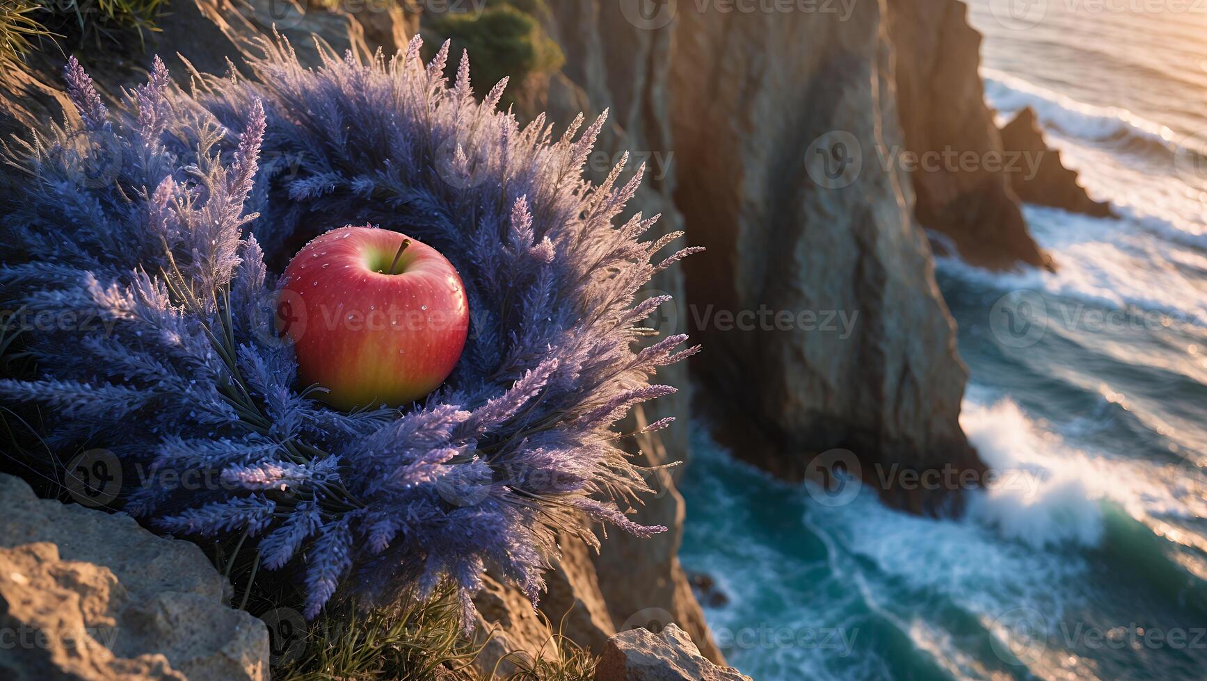 Apple Resting on Lavender Wreath by Ocean Cliff at Sunset photo