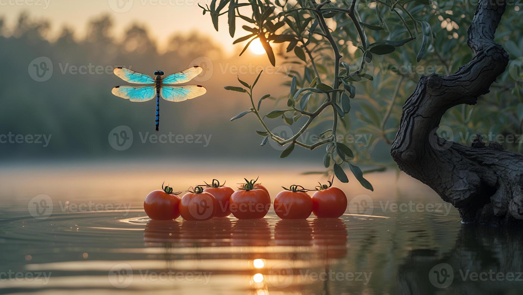 Dragonfly Flying Above Tomatoes Floating on Tranquil Water at Sunrise photo