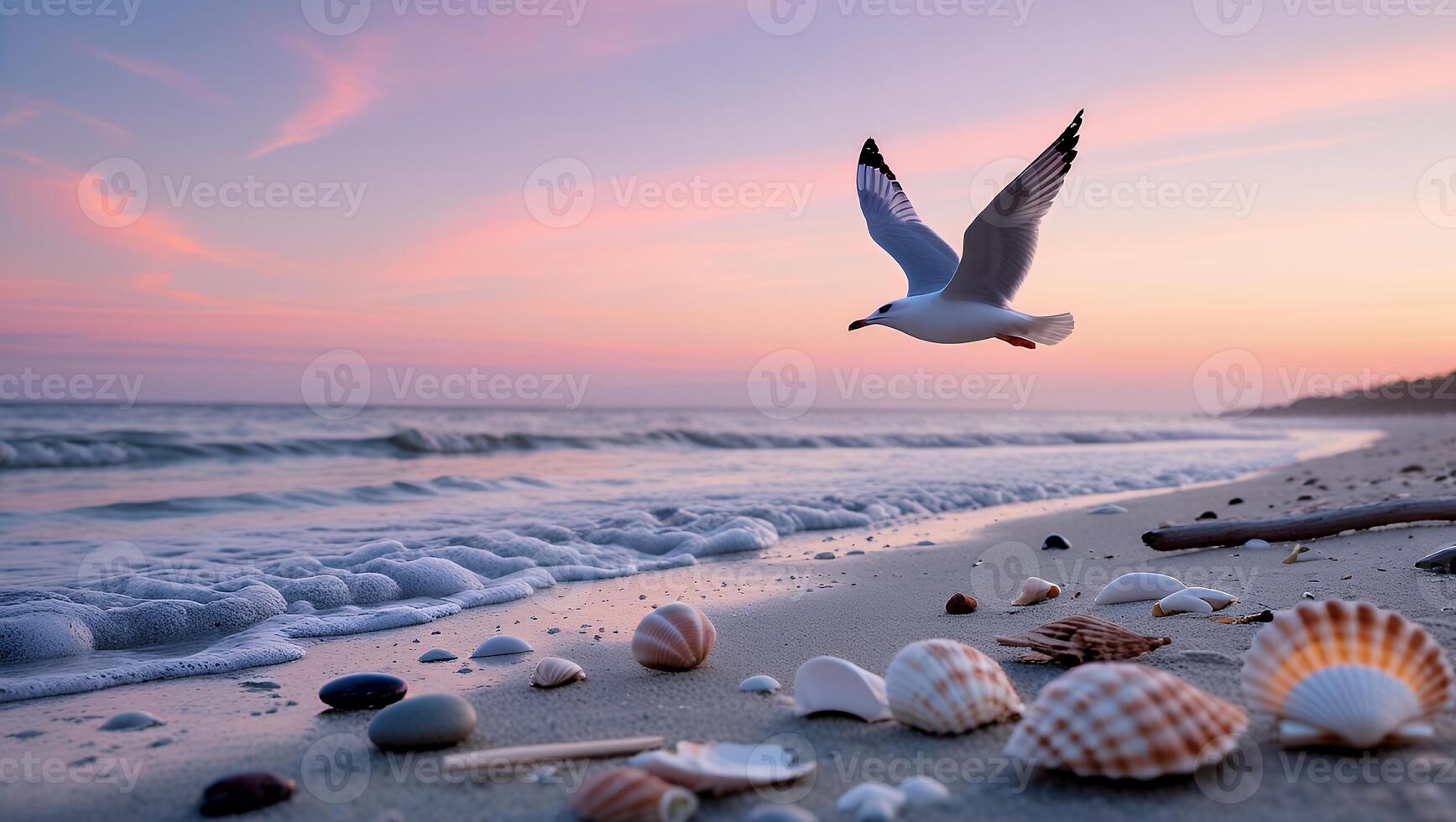 Seagull Flying Over Sandy Beach at Sunset with Seashells photo