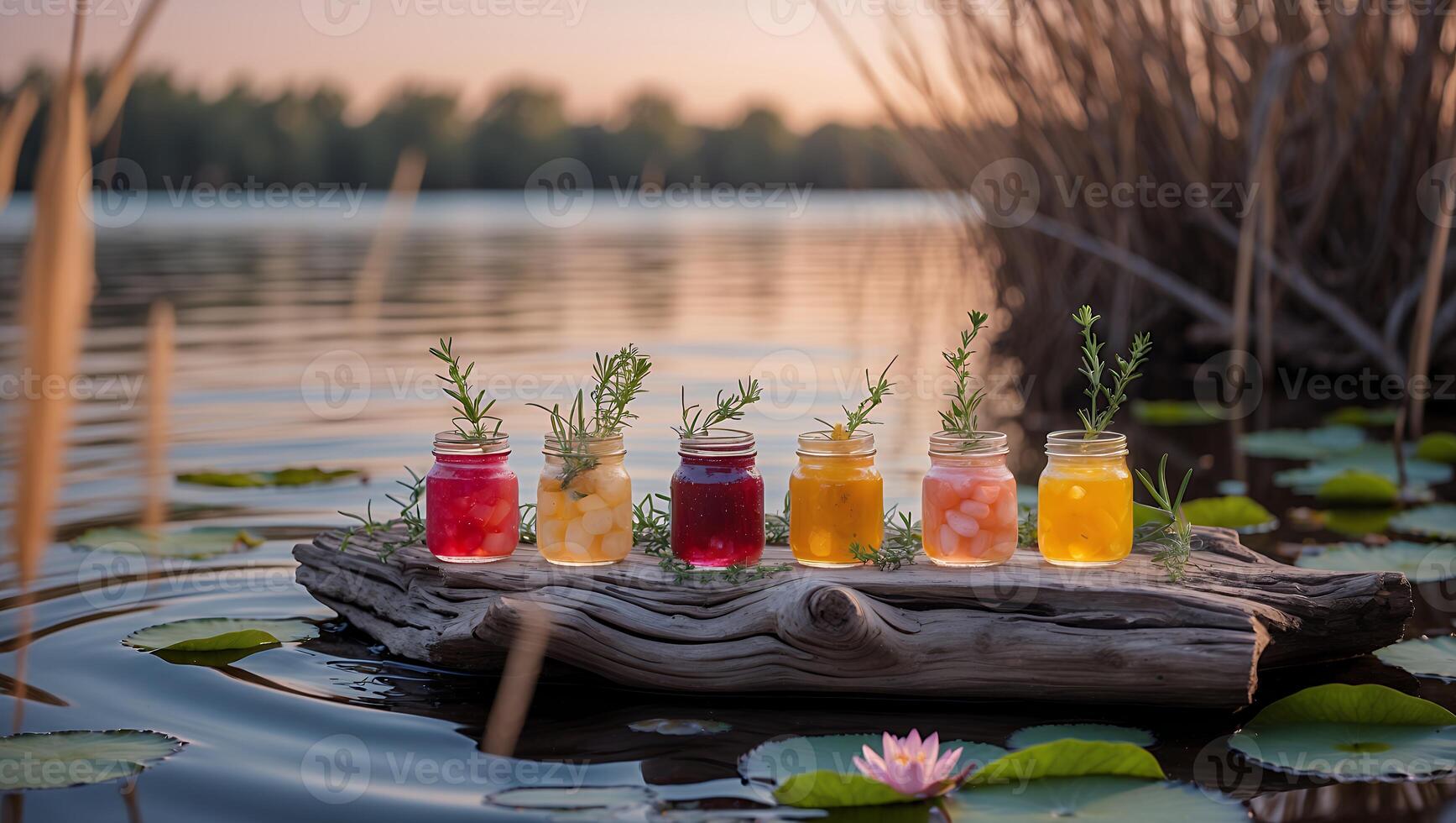 Colorful Fruit Jars on Log Floating in Lake at Sunset photo
