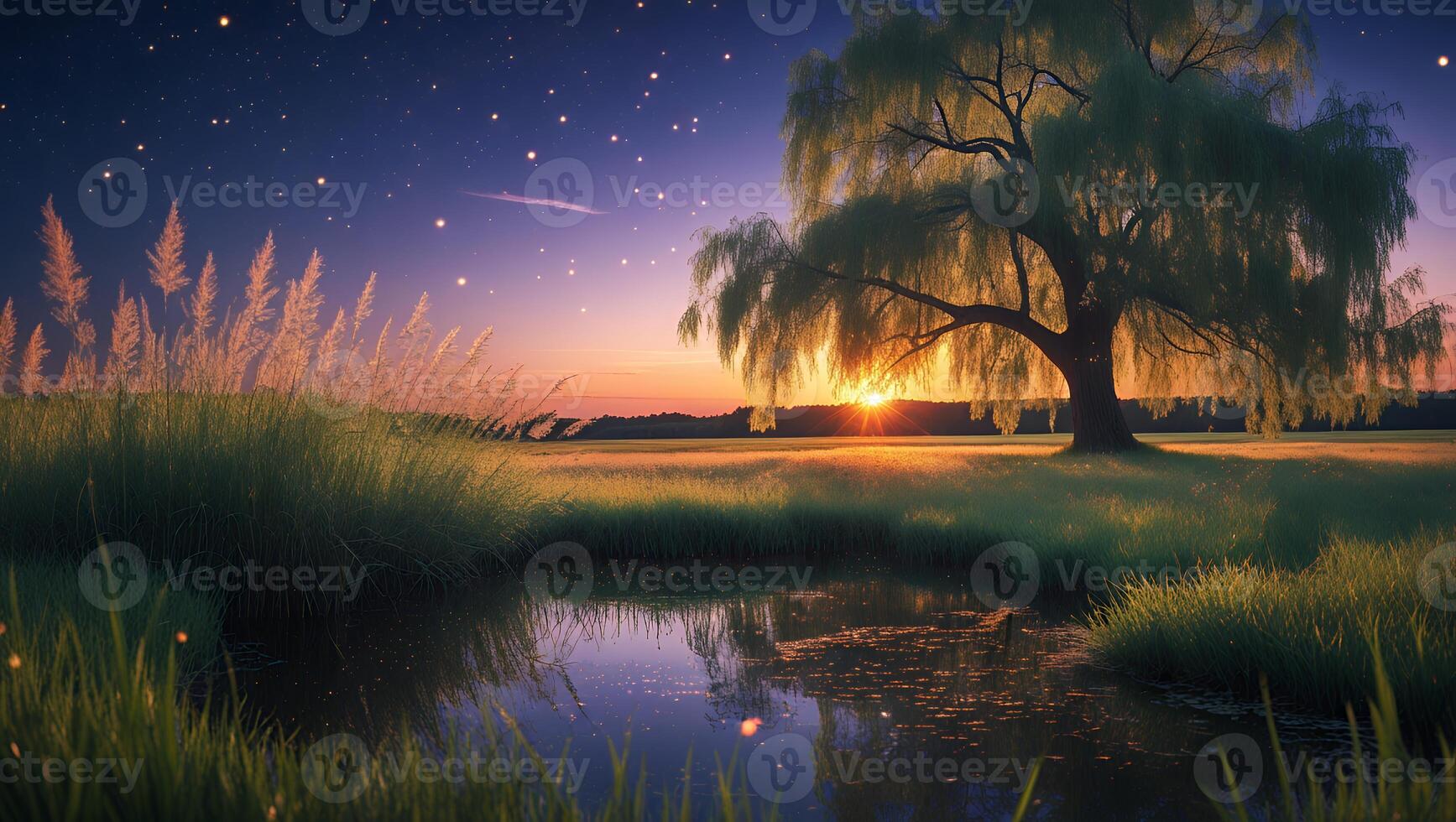 Willow Tree Glows at Sunset by Pond Under Starry Night photo