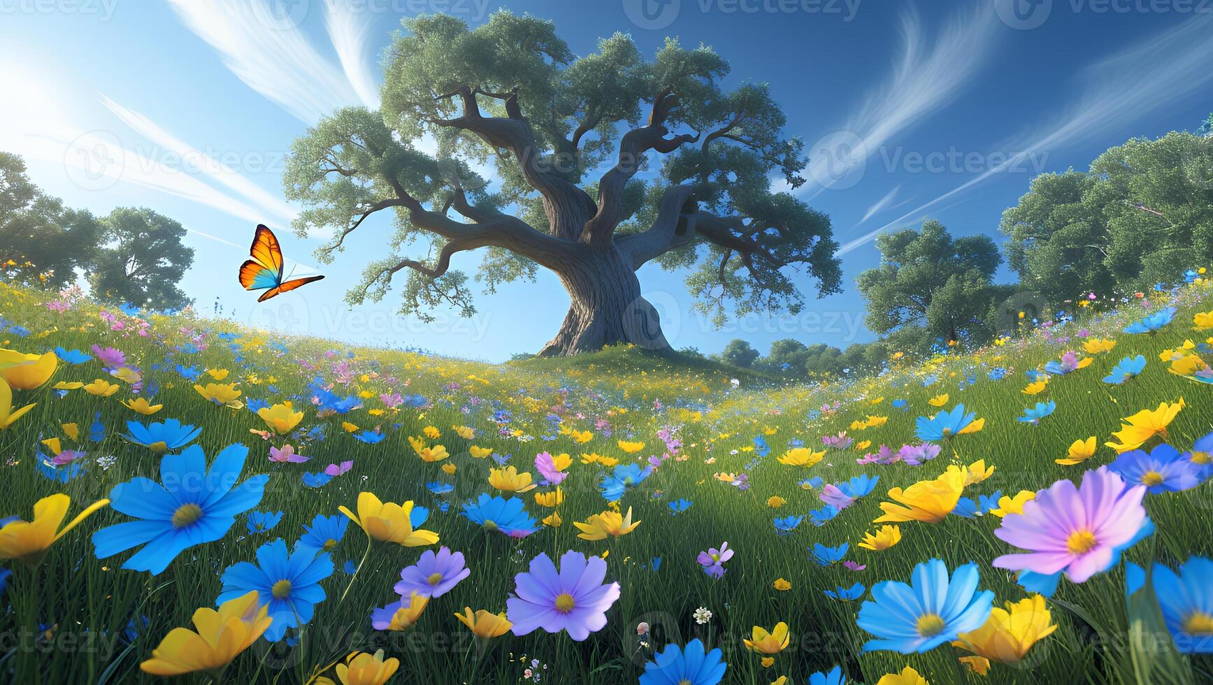 Vibrant Flower Meadow with Old Tree and Butterfly Flying Over photo