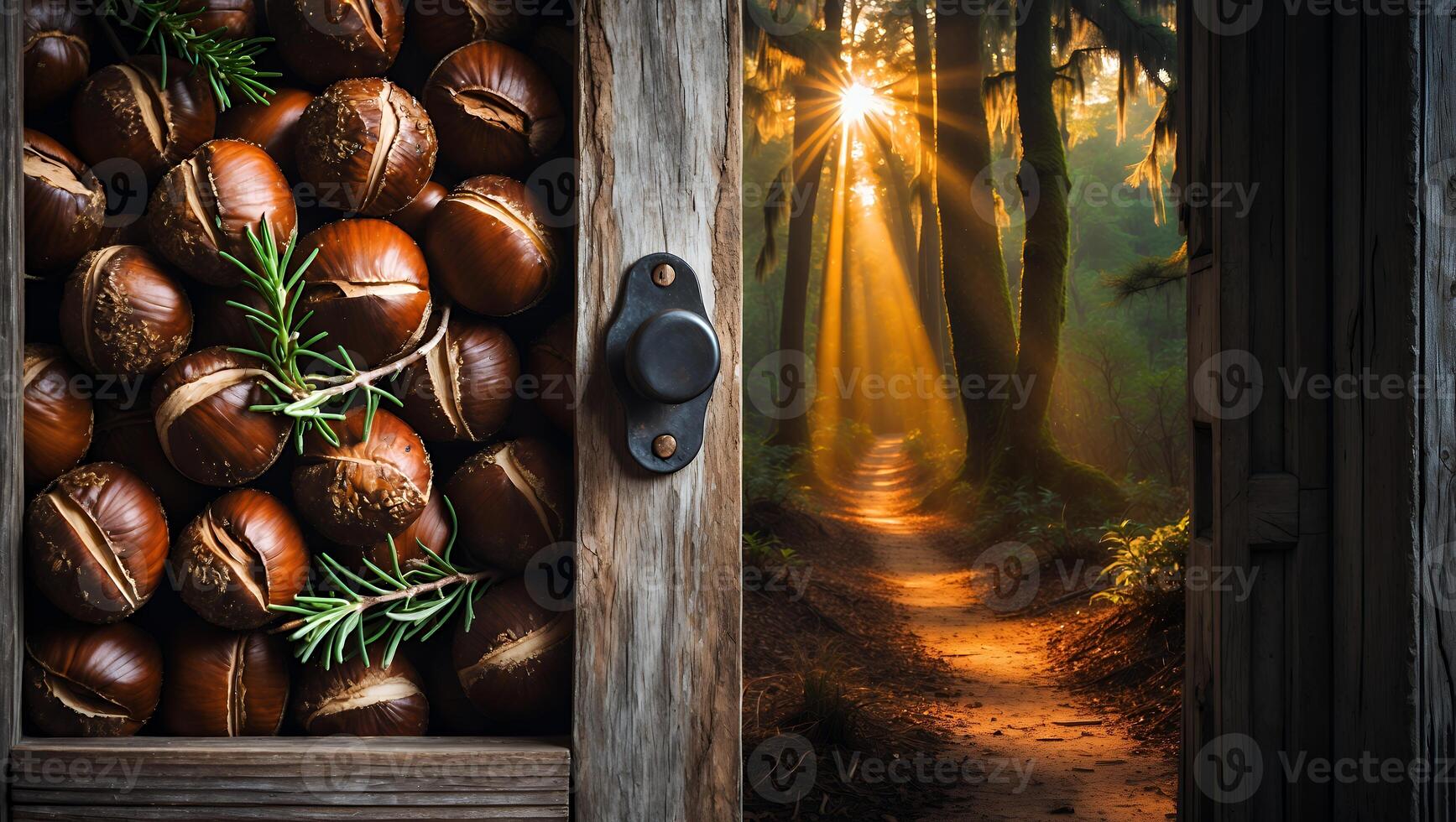 Chestnuts and Forest View Through Rustic Wooden Doorway Creates Contrast photo
