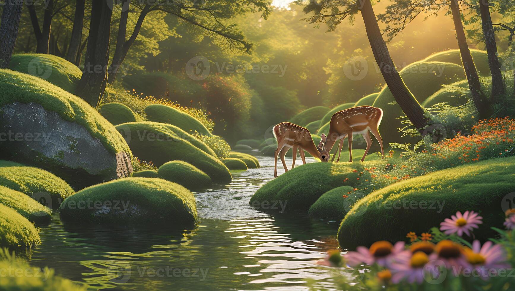 Deer Grazing by Gentle River in Serene Forest Landscape Scene photo