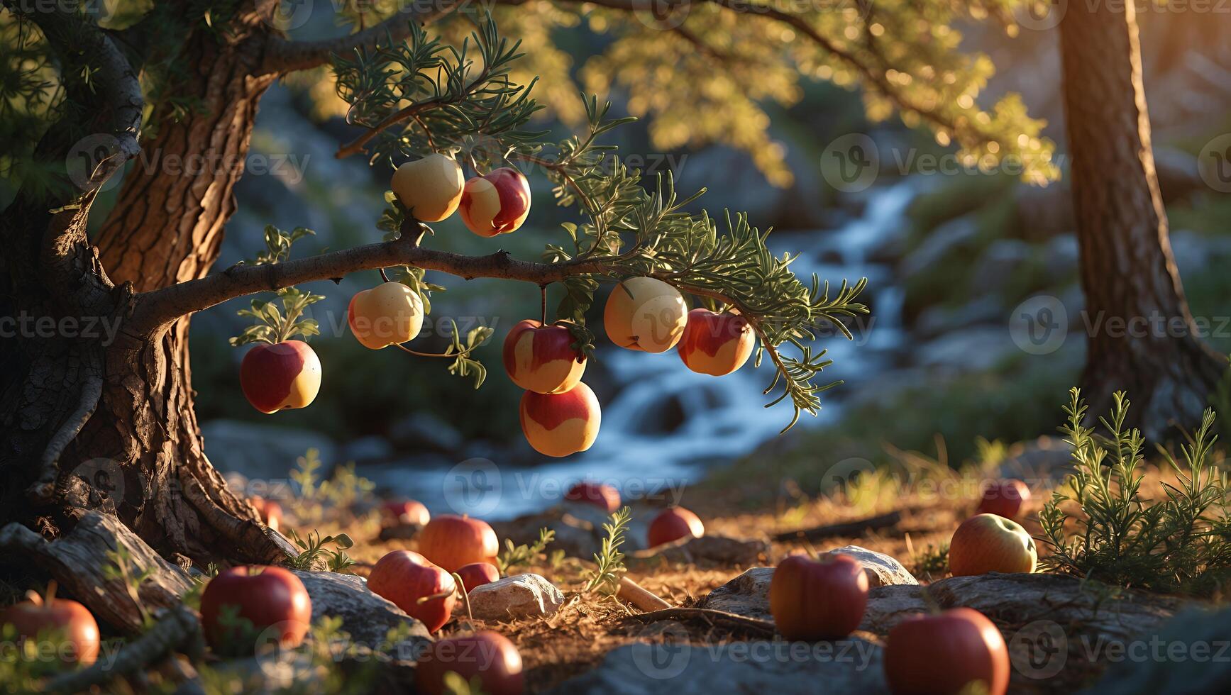 Harvesting Apples in a Sunny Forest Setting Near Flowing Water photo