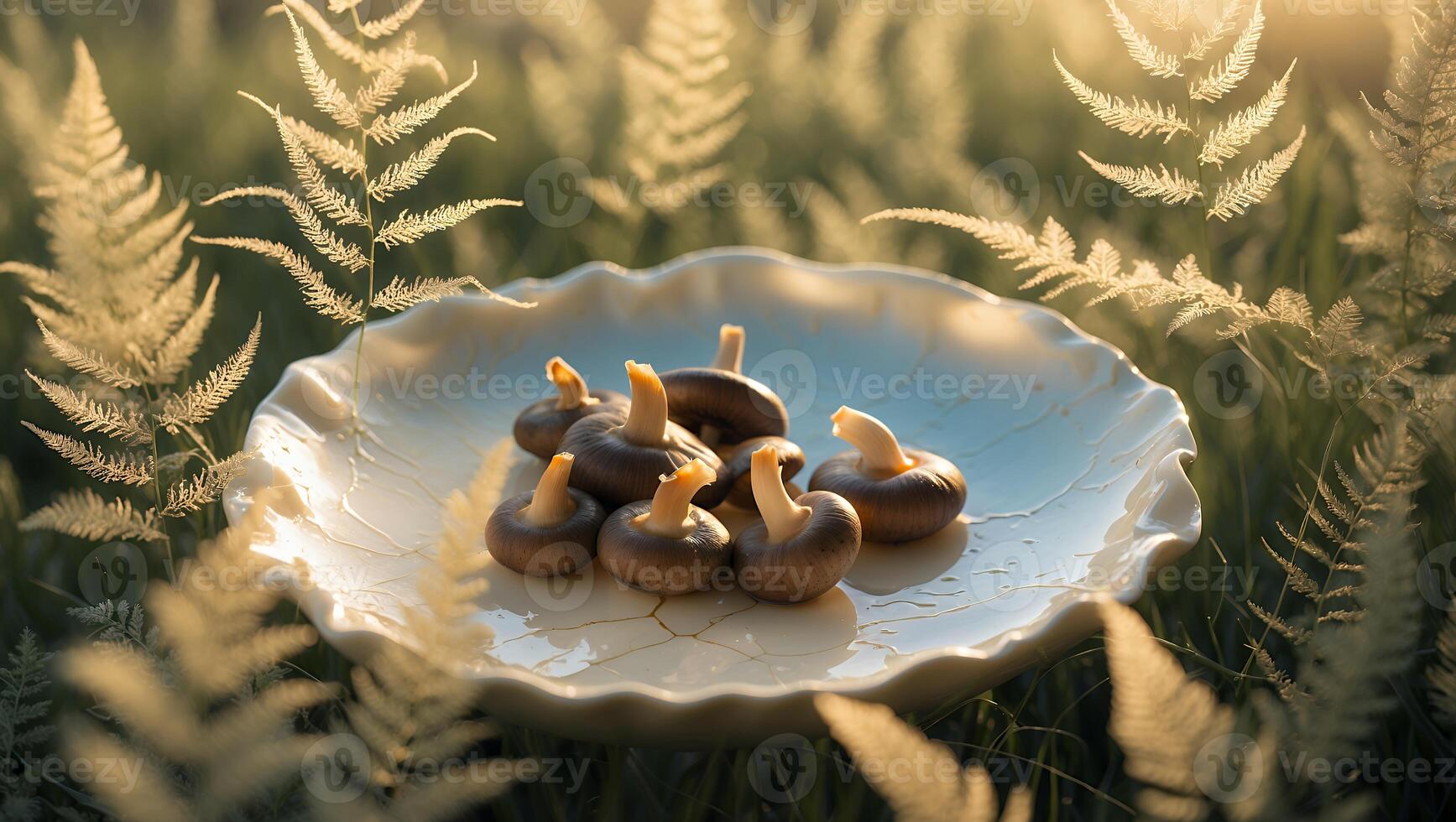 Shiitake Mushrooms on Plate with Ferns in Golden Sunlight photo