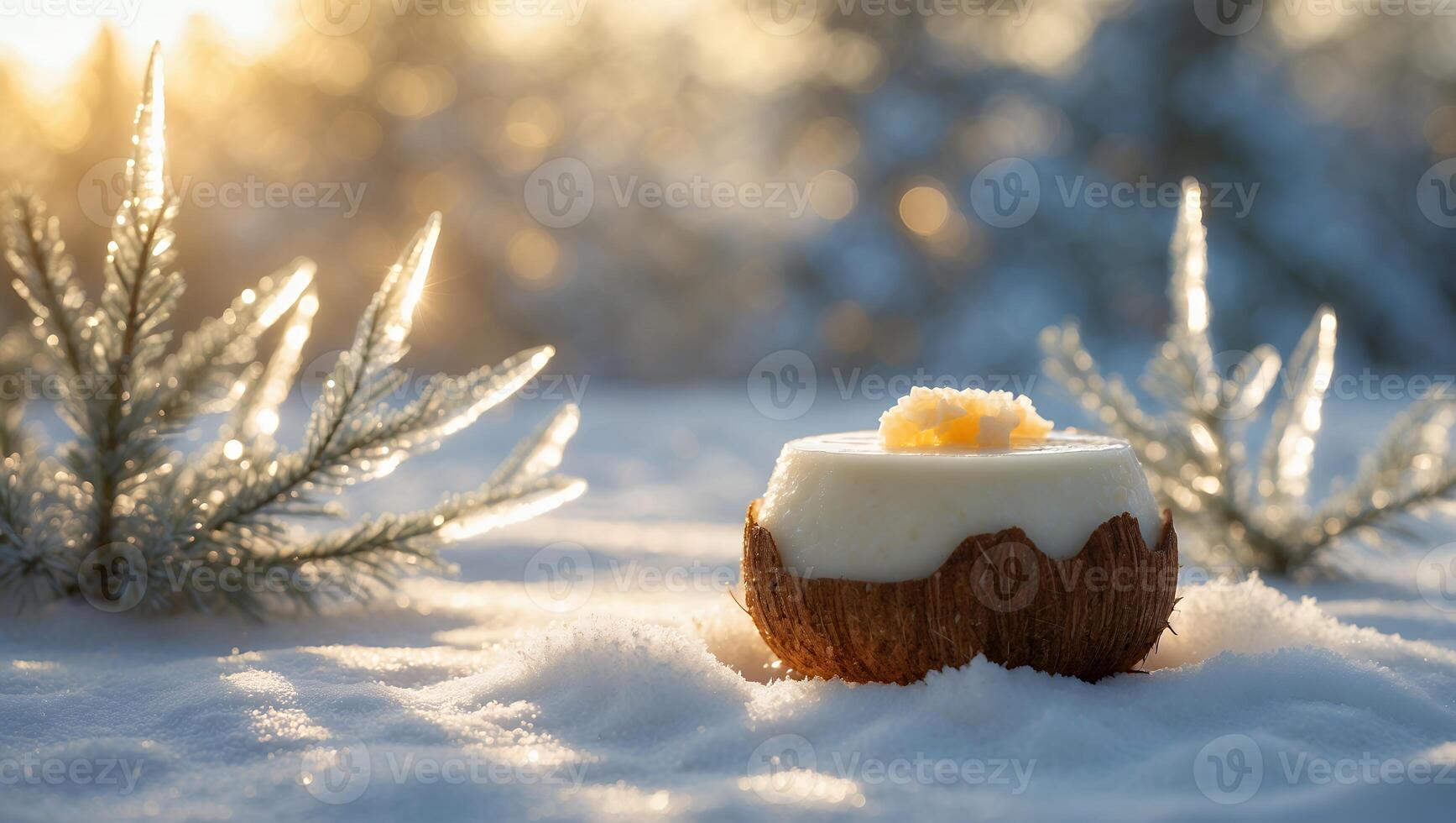 Coconut Dessert on Snow in Winter Forest with Sunlight photo