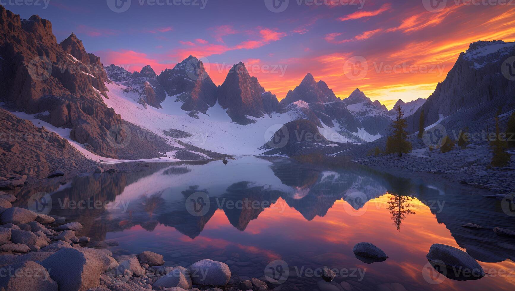 Reflecting Mountain Peaks at Sunset Over Still Lake Water photo
