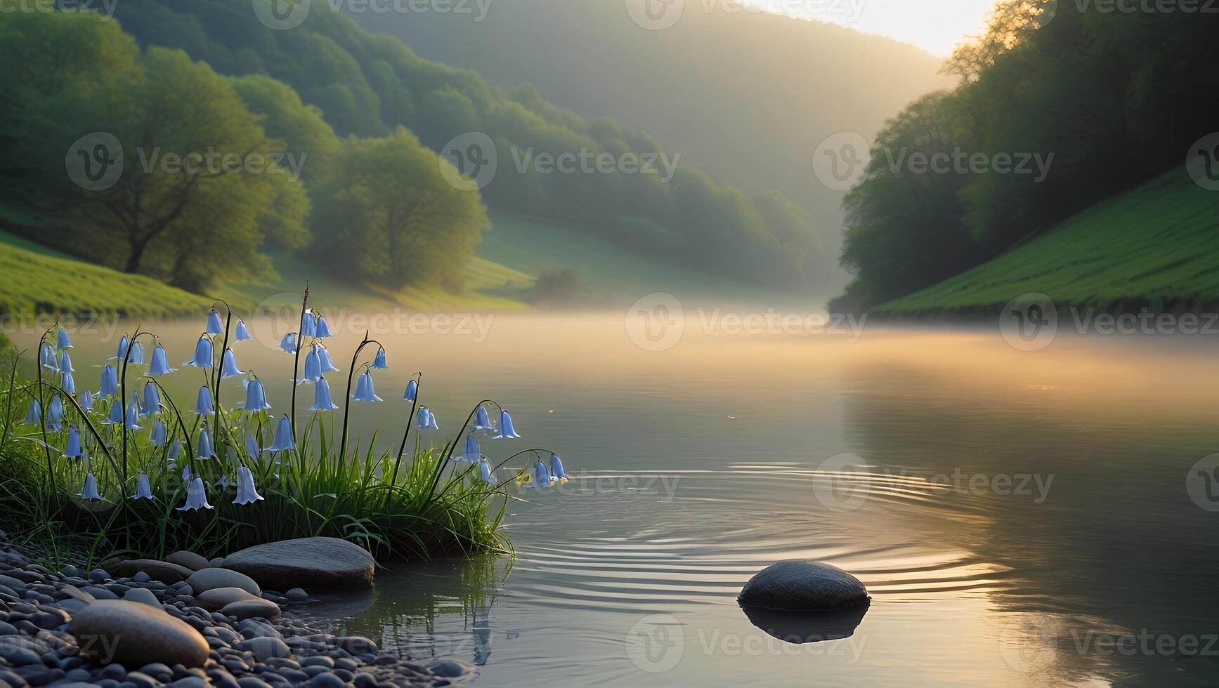 Calm River Flowing Through Lush Green Valley with Morning Mist photo