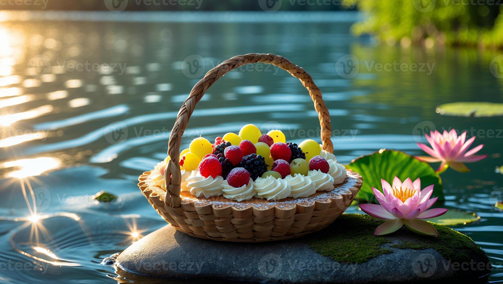 Basket of Fruit Tart at Lakeside with Lily Pad Blossoms photo