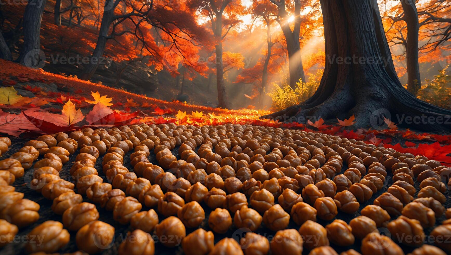 Arrangement of Small Brown Objects in Autumnal Forest with Fallen Leaves photo