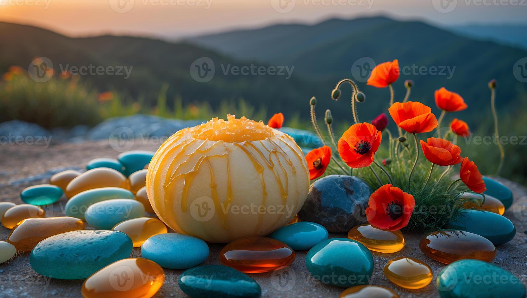 Still Life with Poppies, Sphere, and Colorful Pebbles in Nature photo