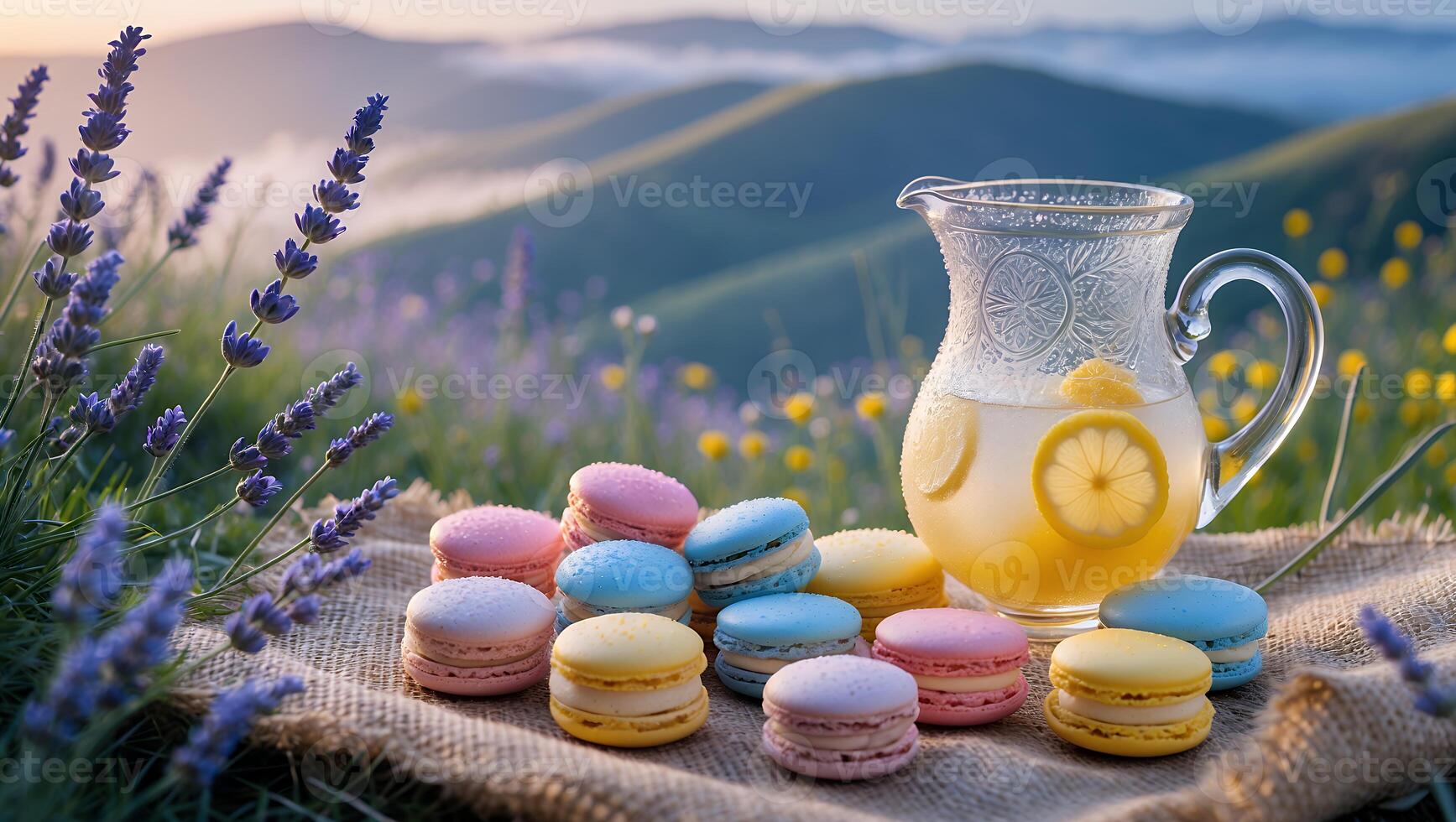 Colorful Macarons with Lemonade Pitcher on Burlap in a Lavender Field photo