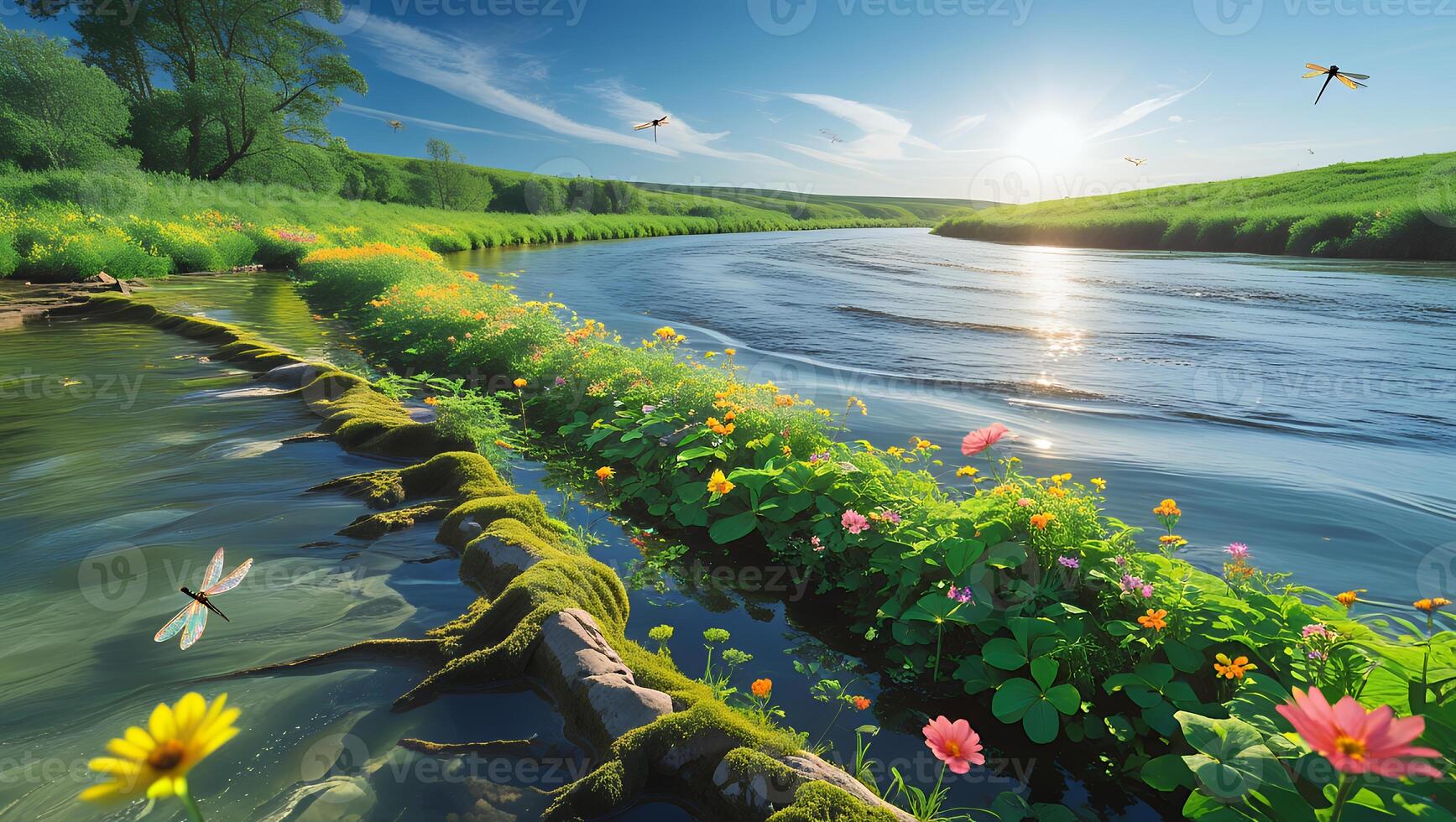 Scenic River Flowing Through Green Meadow with Wildflowers and Dragonflies photo